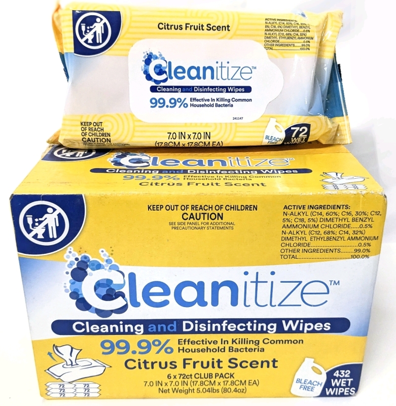 New Club Pack CLEANITIZE Bleach-Free Cleaning and Disinfecting Wipes : Citrus Fruit Scent : 6 Packs &times; 72ct ea / Each Wipe 7" &times; 7"