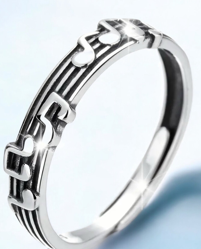 S925 Music Note Ring Five-Line Music Score Ring Simple Design Stamped Adjustable