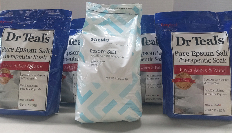 5 New Bags Of Epsom Salts | (4) 6Lb Bags of Dr Teals Pure Epsom Salt & (1) 8Lb Bag of Solimo Epsom Salt Magnesium Sulfate U.S.P