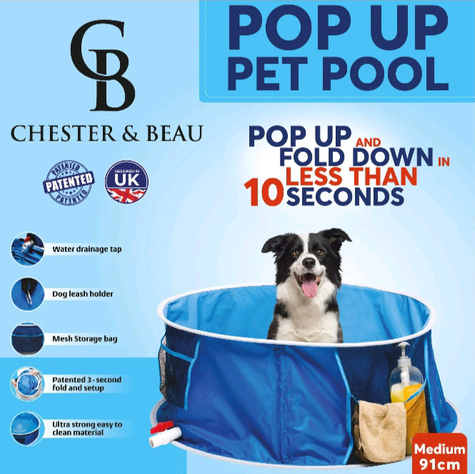 Newin Box | Chester & Beau Medium Pop Up Pet Pool and Bath | Includes Drainage Tap, mesh Storage Bag ad Dog Leash Holder