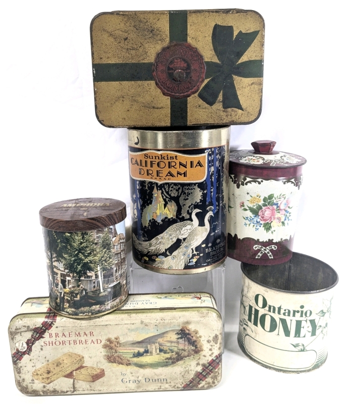 6 Vintage Tins: Ontario Honey Starthroy, 1950s Floralin George E Horner & Co England, Cheinco Sunkist California Dream Bradford Bros+ | Up to 7.5" Tall