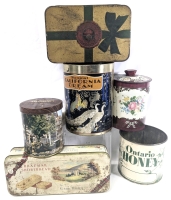 6 Vintage Tins: Ontario Honey Starthroy, 1950s Floralin George E Horner & Co England, Cheinco Sunkist California Dream Bradford Bros+ | Up to 7.5" Tall