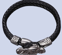 Black Double Layered Hand Braided Leather Distressed Metal Motorcycle Design Bracelet Length 8 Inch Motorcycle Toggle