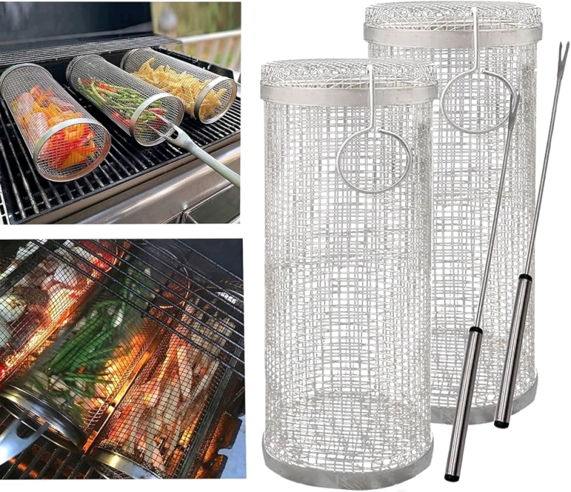 New 2-Pack Stainless Steel Rolling BBQ Baskets Great for Veggies, Fries, Fish & More! Up to 4" Diameter &times; 12.25" Long