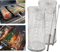 New 2-Pack Stainless Steel Rolling BBQ Baskets Great for Veggies, Fries, Fish & More! Up to 4" Diameter &times; 12.25" Long