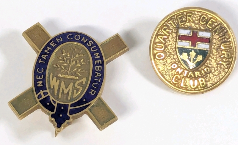 Two 10K Gold Pins : BIRKS WMS Nec Ramen Consumebatur & Quarter Century Club - Up to 0.6" Long