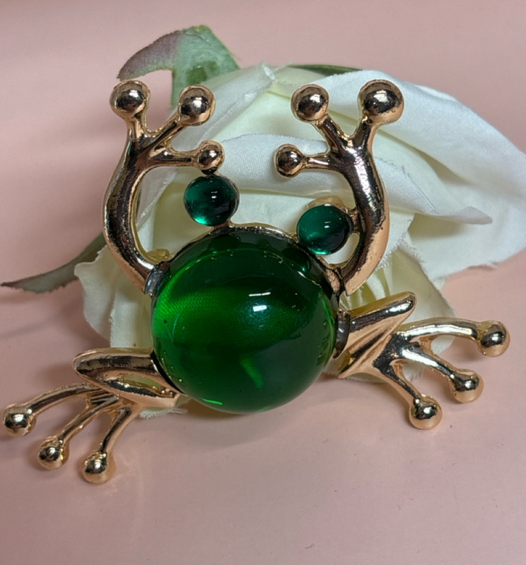 Statement Frog Brooch Dimensional with Green Gemstone Eyes Body Approximately 3 x 2.5 Inch
