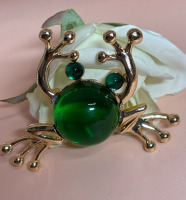 Statement Frog Brooch Dimensional with Green Gemstone Eyes Body Approximately 3 x 2.5 Inch