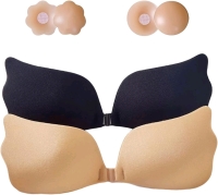 2 New Bra Size "C" Reusable Strapless Sticky Push-Up Bras with 2 Pairs Silicone Nipple Covers