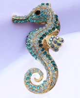 Unique Seahorse Sparkling Brooch Rhinestones Opaque Teal and AB Ocean-Inspired Approximately 3.75 x 1.5 Inch