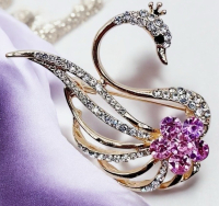 Elegant Swan Shaped Brooch Decorated with Shiny Rhinestones Shades of Purples and Clear Approximately 1.75 x 2 Inch