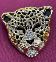 Shimmering Rhinestone Enamel Leopard Brooch Approximately 1.5 x 1.4 Inch
