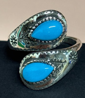 S925 Silver Bypass Adjustable Ring with Turquoise Stone Western Style<br/>Adjustable Stamped<br/>