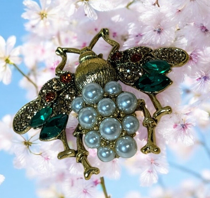 Unique Bee Brooch Vintage-Inspired with Faux Pearls Green Rhinestones and Crystal Approximately 2 x 1.5 Inch