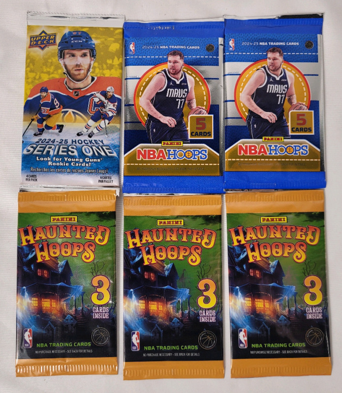 2024 - 2025 NHL Hockey & NBA Basketball Trading Card Sealed Packs . 2025 UD Hockey , 2024 Panini Basketball & 2024 NBAhoops Basketball . 6 Packs Total
