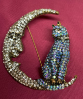 Cat Brooch Heavily Embellished Blue Rhinestones Cat Brooch on The Moon <br/>Approximately 2 x 2.45 Inch