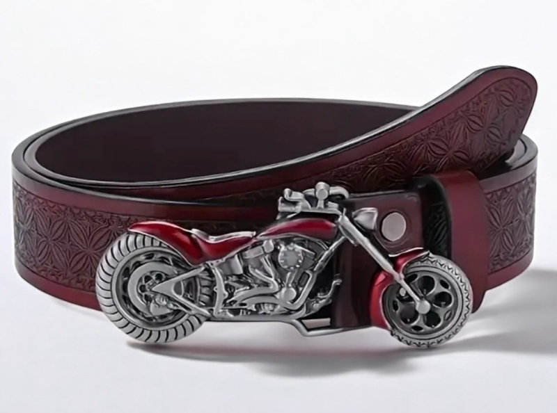 Red Motorcycle 3.7cm Wide Denim Western Retro Style Belt Plaid Pattern Round Hole Smooth Buckle Belt Approximately 41.3 - 43.3 Inch