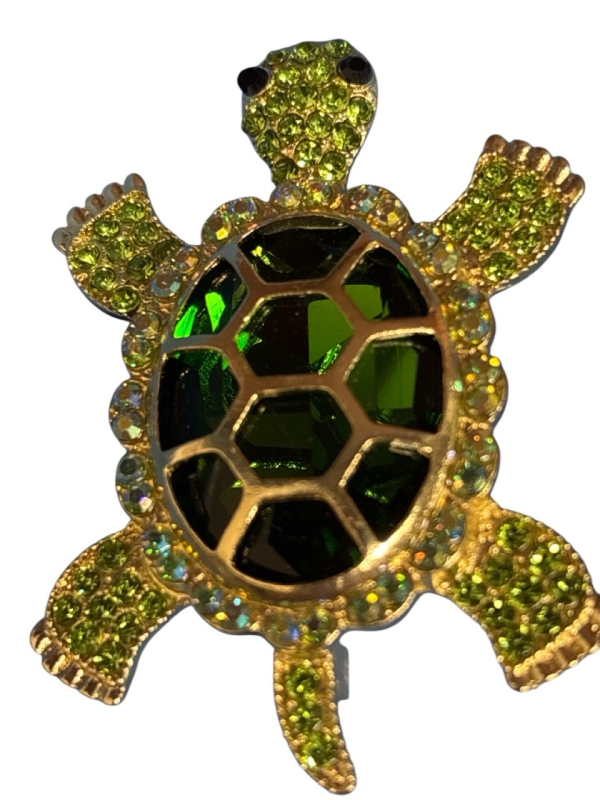 Stylish Turtle Brooch Green Shades Rhinestones Inlay Black Rhinestone Eyes <br/>Approximately 2.25 x 1.5 Inch