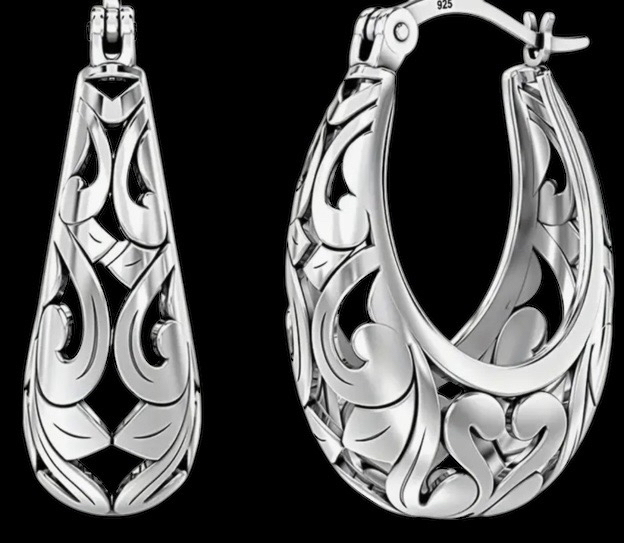 S925 Sterling Silver Elegant Classic Style Oval Cut Work Hoop Pierced Earrings Stamped <br/>Approximately 1 x .25 inches