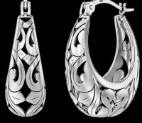 S925 Sterling Silver Elegant Classic Style Oval Cut Work Hoop Pierced Earrings Stamped <br/>Approximately 1 x .25 inches