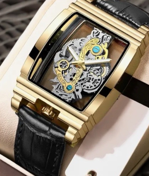 New Sleek Luxury Quartz Watch Stainless Steel Band Luminous Dial Skeleton Hollow-Out Design Folding Clasp Black Band