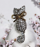 High-end Lovely Cat Brooch Rhinestone Encrusted with Bow Approximately 1.70 x .8 Inch