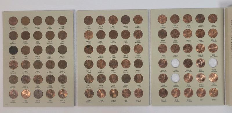 1975 - 2013 USA Lincoln One Cent Pennies in Collector Book - Missing 3 of 8 2009 Pennies
