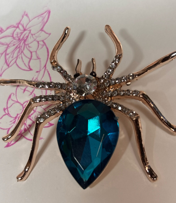 Rhinestone Spider Brooch <br/>Teardrop Blue Cab Body Approximately 2 x 2 Inch