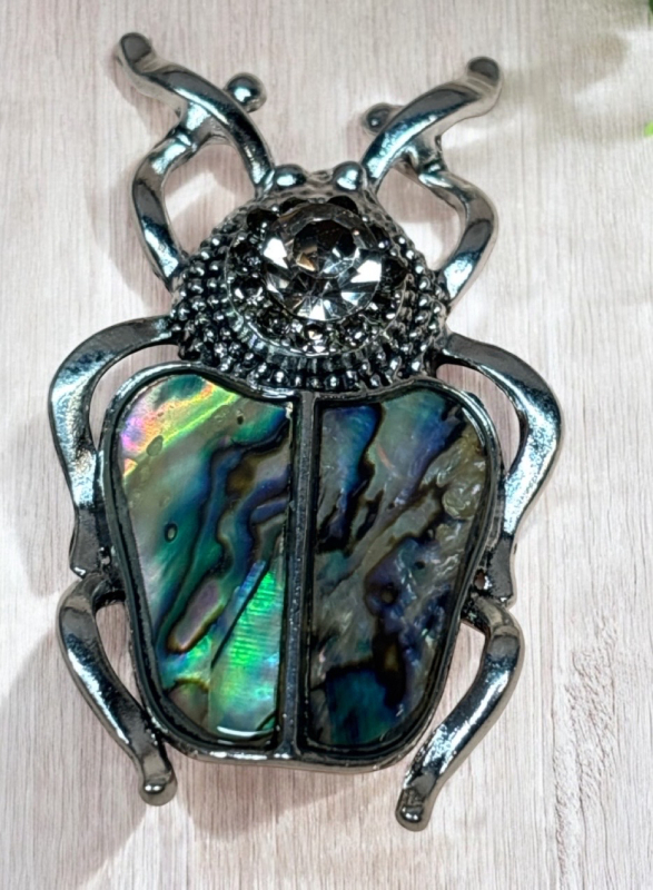 Elegant Rhinestone Beetle Brooch with Iridescent Abalone Shell Approximately 2 x 1.20 Inch