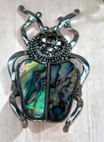 Elegant Rhinestone Beetle Brooch with Iridescent Abalone Shell Approximately 2 x 1.20 Inch
