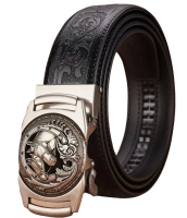 Vintage-Style Genuine Leather Belt with Two Horses Automatic Buckle Adjustable Embossed Design <br/>Approximately 53 Inch