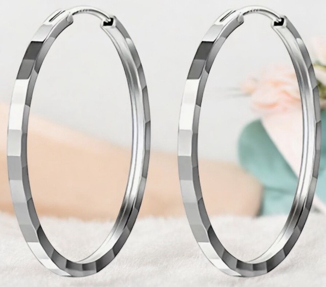 New 925 Sterling Silver Earrings Simple Embossed Squared Design Round Hoops Approximately 1.15 Inch Drop Stamped on post
