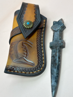 Unique Natural Crystal Flame Stone Carved Sword Approximately 5 Inch Knife Sheath Top Grain Diamond Pattern Light Brown with Safety Lock Closure Conchos Embellishment
