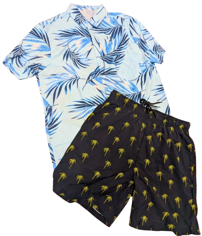 New Size MED Men's Short Sleeve Button-Up Hawaiian-Style Shirt & Drawstring Shorts with Pockets
