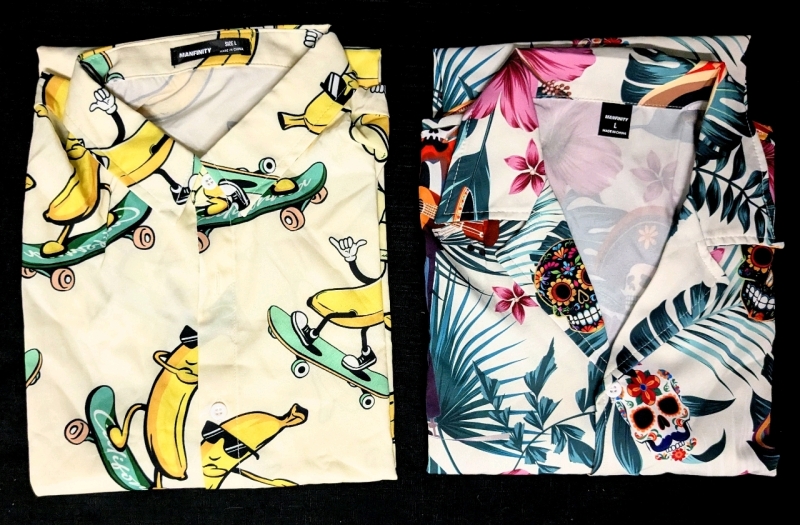 2 New Size LG Men's Lightweight Funky Print Button-Up Short Sleeve Shirts