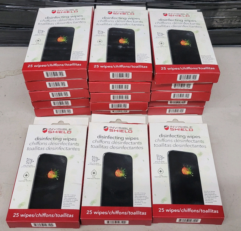 18 Boxes New Invisible Shield Smartphone / Tablet Disinfecting Wipes . 25 Wipes Per Box . Retail $350
