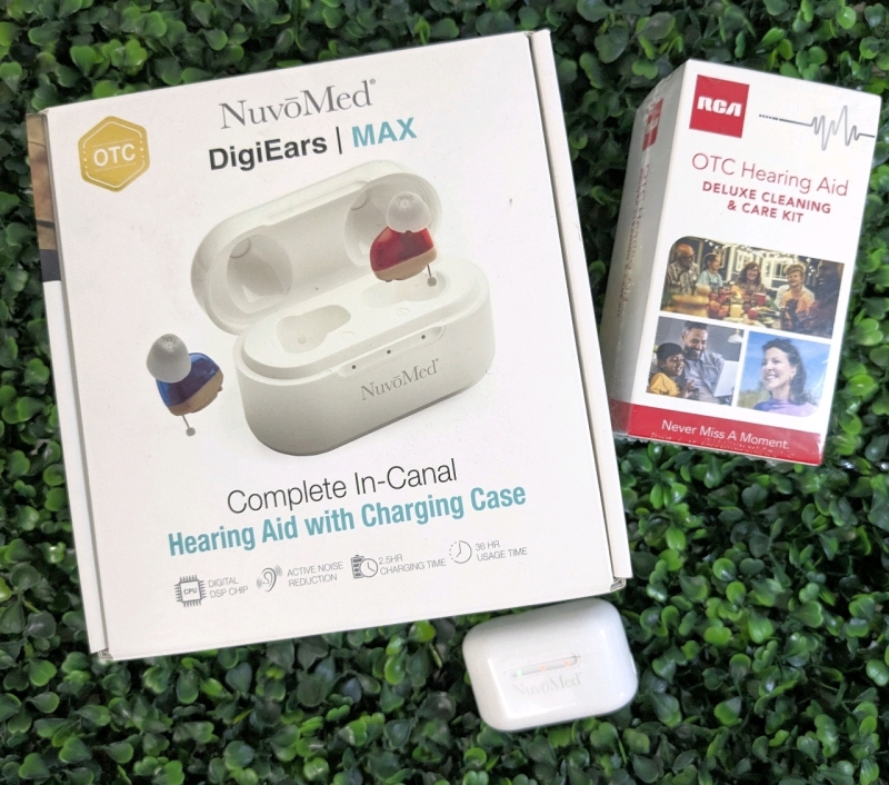 NuvoMed DigiEars Max OTC Complete Hearing Aid with Charging Case & New RCA OTC Hearing Aid Deluxe Cleaning & Care Kit