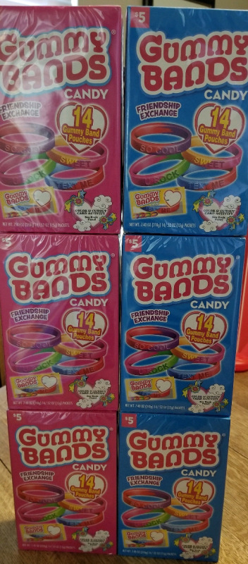 6 new boxes Gummy Bands candy 3 blue and 3 pink