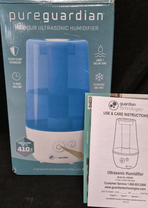 As New Pure Guardian 70hr Ultrasonic Humidifier Model H965AR for Rooms 410 sqft