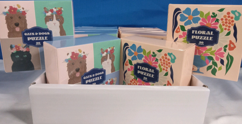 12 New | 36pc Puzzles | Floral & Dog/Cat Themed | Boxes Measures 3&frac12;" x 3&frac12;" ea.