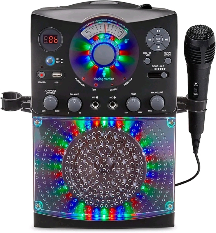 As New Singing Machine SML385UBK Bluetooth Karaoke System with LED Disco Lights, CD+G, USB, and Microphone, Black, Tested for Power, Microphone is Functional