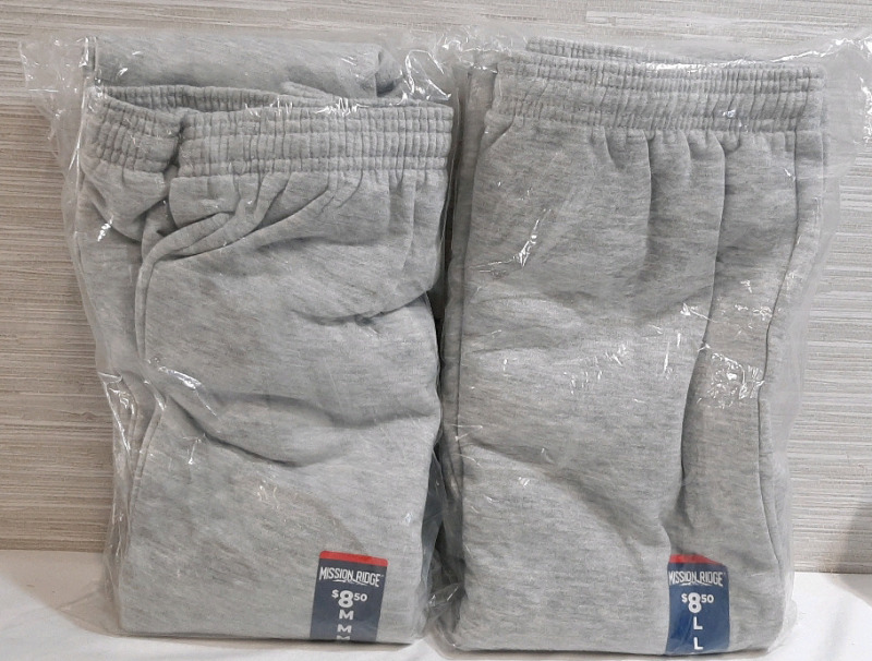 2 New Pairs of Mission Ridge Grey Sweatpants, 1 L Size Pair, 1 M Size Pair