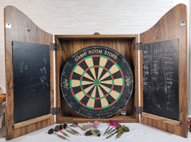 Dartboard with Wall Case plus Darts . Case measures 20"&times;25" . Regulation Size Dartboard