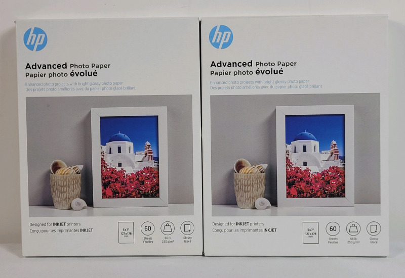 Two (2) New HP 5"&times;7" Advanced Photo Glossy Printer Paper , White . 60 Sheets per Box
