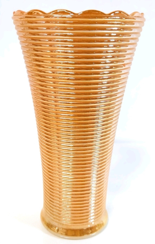 Vintage 1970s Peach Luster Unsigned Fire King Milk Glass Vase with Ribbed Design and Scalloped Edges - 7.25" Tall
