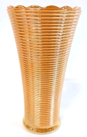 Vintage 1970s Peach Luster Unsigned Fire King Milk Glass Vase with Ribbed Design and Scalloped Edges - 7.25" Tall