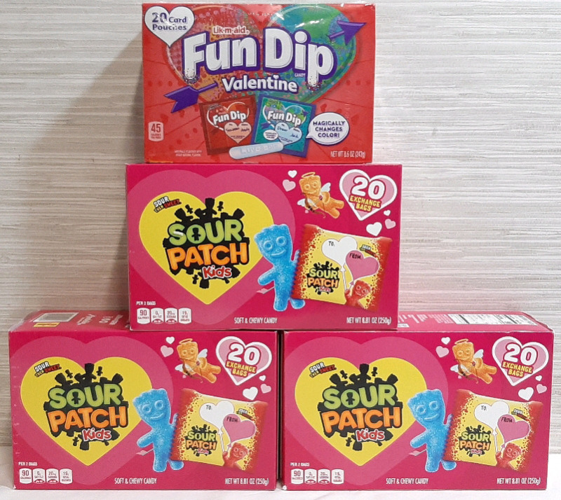Lot of Boxes of Candy, Including 3 Sour Patch Kids Exchange Bag Boxes (250g Each, Best Before August 2025) & Valentine Fun Dips (243g Each, Best Before March 2026)