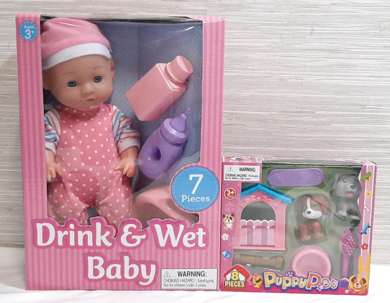 New Drink & Wet Baby Doll & Puppy Pet 8 Piece Set