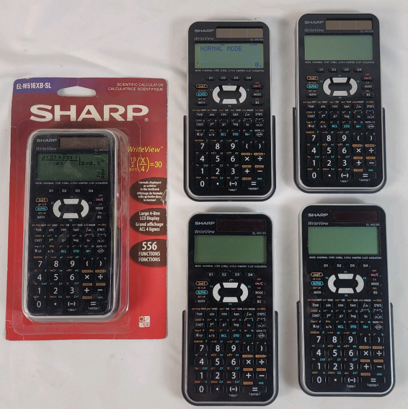 5 New Sharp WriteView Scientific Calculator , Solar or Battery Operated . Batteries Not Included . 1 in Package & 4 w/o Package . Model # EL-W516X