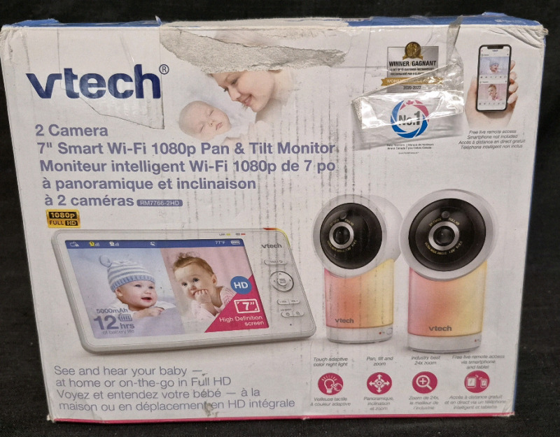 As New Vtech 2 Camera 7" Smart Wifi 1080p Pan & Tilt Monitor- Powers Up, Plays Music & Cameras Work